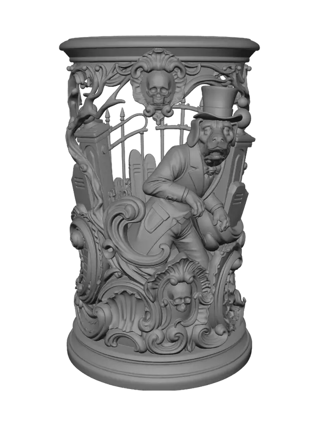 3D model for Transform a frightened Victorian gentleman dog standing before haunted cemetery gates into a hyper-realistic wooden carved Rococo-Art Nouveau caricatural statue merging into a monumental waved scrollwork console-pillar. Tall hat, Victorian coat, cemetery gates, tombstones and twisted branches become elaborate Gothic rocaille scrolls, skull cartouches and flowing cemetery volutes. Garments ripple dramatically. Material: polished hardwood with refined anatomical detailing. Polychrome: weary deep plum, moss green, weathered stone gray, ivory and antique bronze with aged patina.