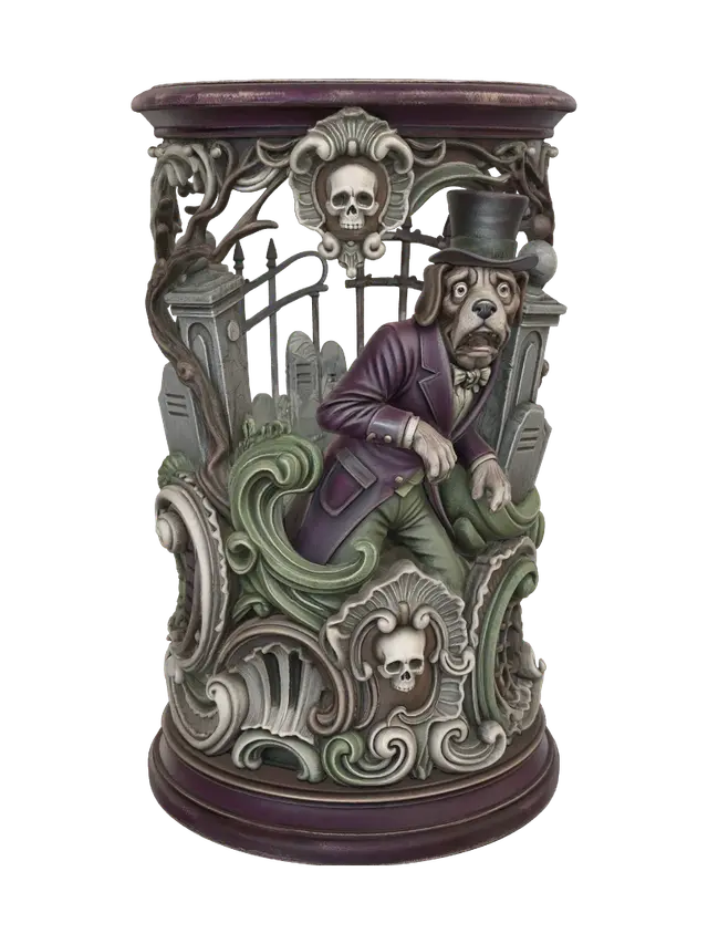 3D model for Transform a frightened Victorian gentleman dog standing before haunted cemetery gates into a hyper-realistic wooden carved Rococo-Art Nouveau caricatural statue merging into a monumental waved scrollwork console-pillar. Tall hat, Victorian coat, cemetery gates, tombstones and twisted branches become elaborate Gothic rocaille scrolls, skull cartouches and flowing cemetery volutes. Garments ripple dramatically. Material: polished hardwood with refined anatomical detailing. Polychrome: weary deep plum, moss green, weathered stone gray, ivory and antique bronze with aged patina.