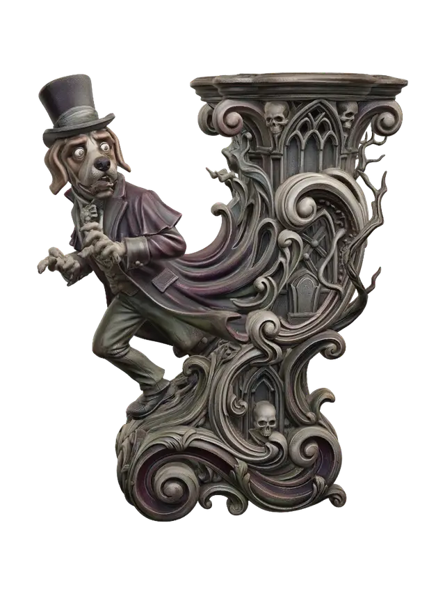 3D model for Transform a frightened Victorian gentleman dog standing before haunted cemetery gates into a hyper-realistic wooden carved Rococo-Art Nouveau caricatural statue merging into a monumental waved scrollwork console-pillar. Tall hat, Victorian coat, cemetery gates, tombstones and twisted branches become elaborate Gothic rocaille scrolls, skull cartouches and flowing cemetery volutes. Garments ripple dramatically. Material: polished hardwood with refined anatomical detailing. Polychrome: weary deep plum, moss green, weathered stone gray, ivory and antique bronze with aged patina.