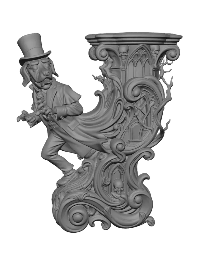 3D model for Transform a frightened Victorian gentleman dog standing before haunted cemetery gates into a hyper-realistic wooden carved Rococo-Art Nouveau caricatural statue merging into a monumental waved scrollwork console-pillar. Tall hat, Victorian coat, cemetery gates, tombstones and twisted branches become elaborate Gothic rocaille scrolls, skull cartouches and flowing cemetery volutes. Garments ripple dramatically. Material: polished hardwood with refined anatomical detailing. Polychrome: weary deep plum, moss green, weathered stone gray, ivory and antique bronze with aged patina.