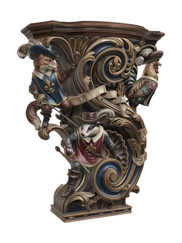 3D model for Transform three cheerful swashbuckling animal heroes wielding rapiers into hyper-realistic wooden carved Rococo-Art Nouveau caricatural statues merging into a monumental waved scrollwork console-pillar. Musketeer hats, feather plumes, tabards, boots and swords blend into elaborate Rococo scrollwork, fleur-de-lis cartouches, ribbons, heraldic shields and sweeping volutes. Flowing costumes create graceful S-curves. Material: polished hardwood with fine anatomical detailing and deep undercuts. Polychrome: weary deep royal blue, crimson, ivory, walnut and antique gold with aged patina.