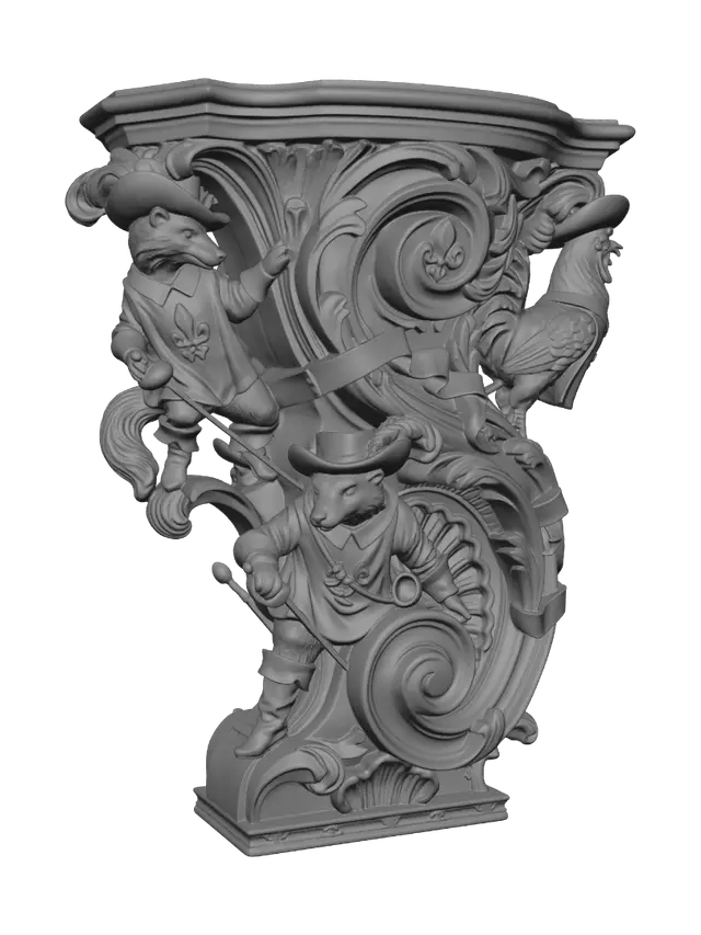 3D model for Transform three cheerful swashbuckling animal heroes wielding rapiers into hyper-realistic wooden carved Rococo-Art Nouveau caricatural statues merging into a monumental waved scrollwork console-pillar. Musketeer hats, feather plumes, tabards, boots and swords blend into elaborate Rococo scrollwork, fleur-de-lis cartouches, ribbons, heraldic shields and sweeping volutes. Flowing costumes create graceful S-curves. Material: polished hardwood with fine anatomical detailing and deep undercuts. Polychrome: weary deep royal blue, crimson, ivory, walnut and antique gold with aged patina.