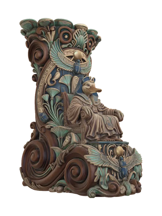 3D model for Transform a regal duck pharaoh seated upon an Egyptian throne into a hyper-realistic wooden carved Rococo-Art Nouveau caricatural statue merged into a monumental waved scrollwork console-pillar. Winged sun disks, scarabs, papyrus, hieroglyphs, throne and ceremonial ornaments evolve into elaborate Egyptian-inspired rocaille scrolls, lotus cartouches and flowing volutes. Royal garments ripple dramatically. Material: polished hardwood with intricate anatomical detailing. Polychrome: weary deep lapis blue, turquoise, gold, crimson and weathered sandstone patina.