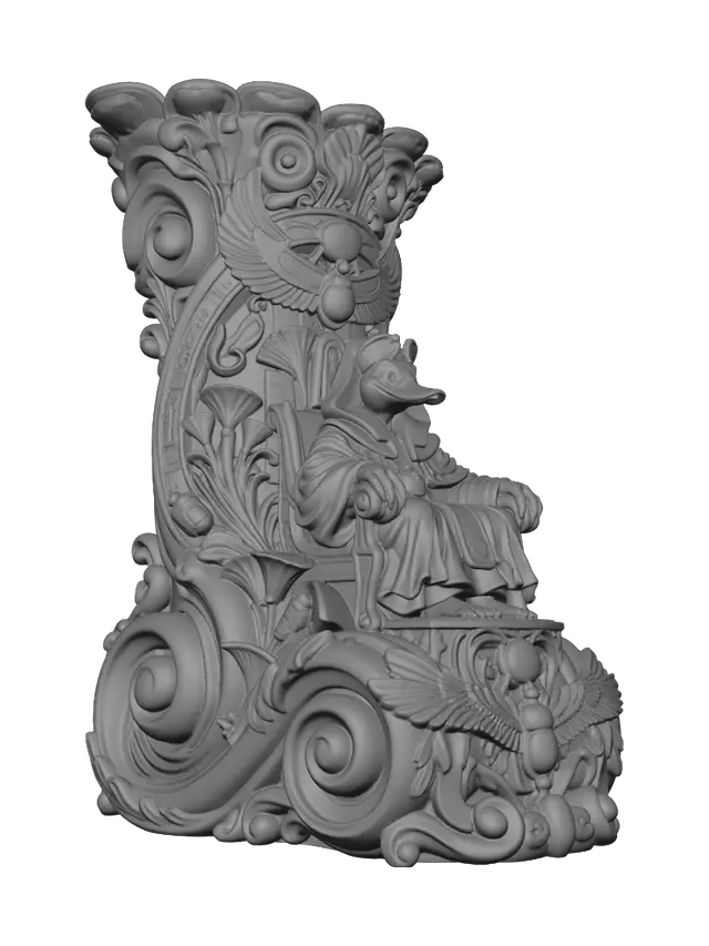 3D model for Transform a regal duck pharaoh seated upon an Egyptian throne into a hyper-realistic wooden carved Rococo-Art Nouveau caricatural statue merged into a monumental waved scrollwork console-pillar. Winged sun disks, scarabs, papyrus, hieroglyphs, throne and ceremonial ornaments evolve into elaborate Egyptian-inspired rocaille scrolls, lotus cartouches and flowing volutes. Royal garments ripple dramatically. Material: polished hardwood with intricate anatomical detailing. Polychrome: weary deep lapis blue, turquoise, gold, crimson and weathered sandstone patina.