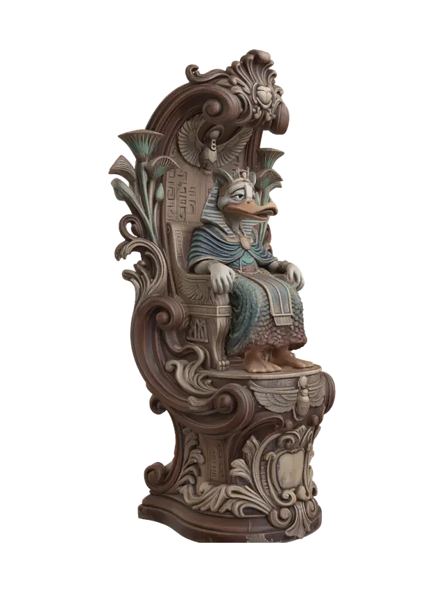3D model for Transform a regal duck pharaoh seated upon an Egyptian throne into a hyper-realistic wooden carved Rococo-Art Nouveau caricatural statue merged into a monumental waved scrollwork console-pillar. Winged sun disks, scarabs, papyrus, hieroglyphs, throne and ceremonial ornaments evolve into elaborate Egyptian-inspired rocaille scrolls, lotus cartouches and flowing volutes. Royal garments ripple dramatically. Material: polished hardwood with intricate anatomical detailing. Polychrome: weary deep lapis blue, turquoise, gold, crimson and weathered sandstone patina.
