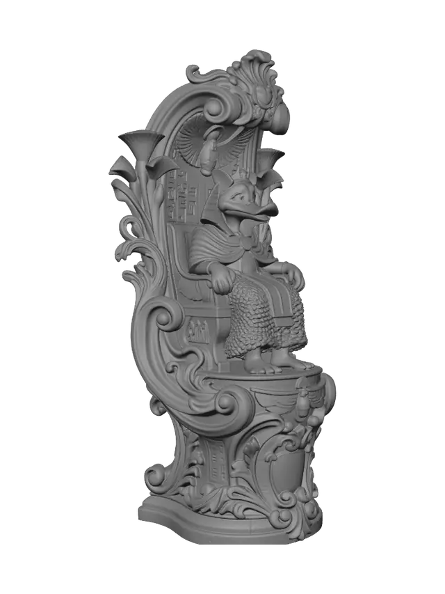 3D model for Transform a regal duck pharaoh seated upon an Egyptian throne into a hyper-realistic wooden carved Rococo-Art Nouveau caricatural statue merged into a monumental waved scrollwork console-pillar. Winged sun disks, scarabs, papyrus, hieroglyphs, throne and ceremonial ornaments evolve into elaborate Egyptian-inspired rocaille scrolls, lotus cartouches and flowing volutes. Royal garments ripple dramatically. Material: polished hardwood with intricate anatomical detailing. Polychrome: weary deep lapis blue, turquoise, gold, crimson and weathered sandstone patina.