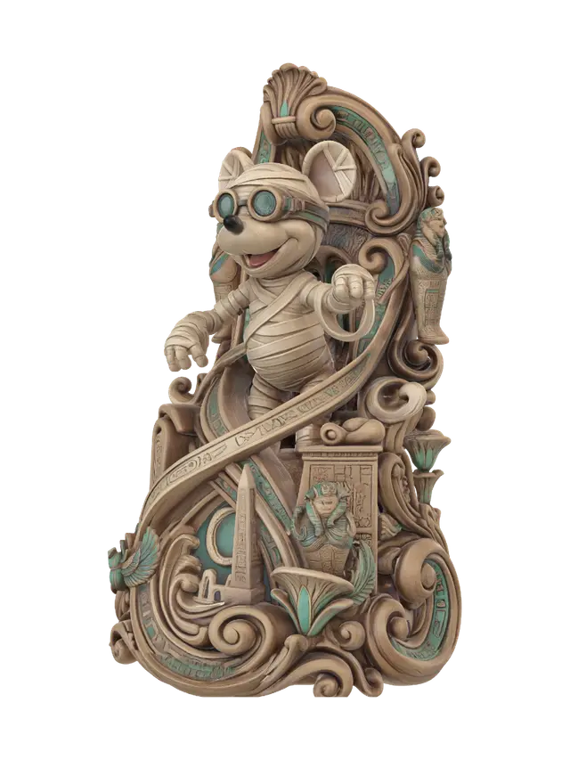 3D model for Transform a cheerful mummy mouse exploring an ancient Egyptian tomb into a hyper-realistic wooden carved Rococo-Art Nouveau caricatural statue merged into a monumental waved scrollwork console-pillar. Bandages, sarcophagus, hieroglyphs, scarabs, obelisks and moonlit ruins intertwine into ornate Egyptian rocaille scrolls, lotus cartouches and elegant flowing volutes. Wrapped fabric becomes graceful carved ribbons. Material: polished hardwood with intricate anatomical detailing and deep undercuts. Polychrome: weary deep sandstone, ivory, turquoise, lapis blue and antique gold with aged patina.