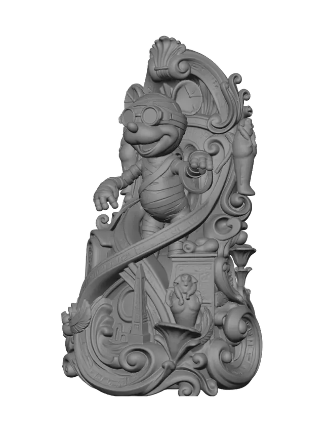 3D model for Transform a cheerful mummy mouse exploring an ancient Egyptian tomb into a hyper-realistic wooden carved Rococo-Art Nouveau caricatural statue merged into a monumental waved scrollwork console-pillar. Bandages, sarcophagus, hieroglyphs, scarabs, obelisks and moonlit ruins intertwine into ornate Egyptian rocaille scrolls, lotus cartouches and elegant flowing volutes. Wrapped fabric becomes graceful carved ribbons. Material: polished hardwood with intricate anatomical detailing and deep undercuts. Polychrome: weary deep sandstone, ivory, turquoise, lapis blue and antique gold with aged patina.