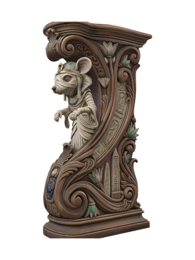 3D model for Transform a cheerful mummy mouse exploring an ancient Egyptian tomb into a hyper-realistic wooden carved Rococo-Art Nouveau caricatural statue merged into a monumental waved scrollwork console-pillar. Bandages, sarcophagus, hieroglyphs, scarabs, obelisks and moonlit ruins intertwine into ornate Egyptian rocaille scrolls, lotus cartouches and elegant flowing volutes. Wrapped fabric becomes graceful carved ribbons. Material: polished hardwood with intricate anatomical detailing and deep undercuts. Polychrome: weary deep sandstone, ivory, turquoise, lapis blue and antique gold with aged patina.