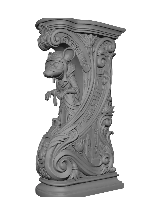 3D model for Transform a cheerful mummy mouse exploring an ancient Egyptian tomb into a hyper-realistic wooden carved Rococo-Art Nouveau caricatural statue merged into a monumental waved scrollwork console-pillar. Bandages, sarcophagus, hieroglyphs, scarabs, obelisks and moonlit ruins intertwine into ornate Egyptian rocaille scrolls, lotus cartouches and elegant flowing volutes. Wrapped fabric becomes graceful carved ribbons. Material: polished hardwood with intricate anatomical detailing and deep undercuts. Polychrome: weary deep sandstone, ivory, turquoise, lapis blue and antique gold with aged patina.
