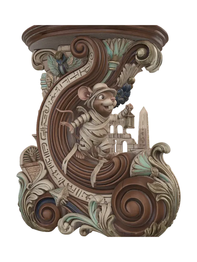 3D model for Transform a cheerful mummy mouse exploring an ancient Egyptian tomb into a hyper-realistic wooden carved Rococo-Art Nouveau caricatural statue merged into a monumental waved scrollwork console-pillar. Bandages, sarcophagus, hieroglyphs, scarabs, obelisks and moonlit ruins intertwine into ornate Egyptian rocaille scrolls, lotus cartouches and elegant flowing volutes. Wrapped fabric becomes graceful carved ribbons. Material: polished hardwood with intricate anatomical detailing and deep undercuts. Polychrome: weary deep sandstone, ivory, turquoise, lapis blue and antique gold with aged patina.