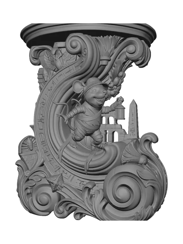 3D model for Transform a cheerful mummy mouse exploring an ancient Egyptian tomb into a hyper-realistic wooden carved Rococo-Art Nouveau caricatural statue merged into a monumental waved scrollwork console-pillar. Bandages, sarcophagus, hieroglyphs, scarabs, obelisks and moonlit ruins intertwine into ornate Egyptian rocaille scrolls, lotus cartouches and elegant flowing volutes. Wrapped fabric becomes graceful carved ribbons. Material: polished hardwood with intricate anatomical detailing and deep undercuts. Polychrome: weary deep sandstone, ivory, turquoise, lapis blue and antique gold with aged patina.