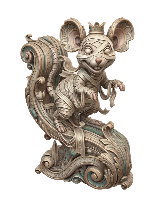 3D model for Transform a cheerful mummy mouse exploring an ancient Egyptian tomb into a hyper-realistic wooden carved Rococo-Art Nouveau caricatural statue merged into a monumental waved scrollwork console-pillar. Bandages, sarcophagus, hieroglyphs, scarabs, obelisks and moonlit ruins intertwine into ornate Egyptian rocaille scrolls, lotus cartouches and elegant flowing volutes. Wrapped fabric becomes graceful carved ribbons. Material: polished hardwood with intricate anatomical detailing and deep undercuts. Polychrome: weary deep sandstone, ivory, turquoise, lapis blue and antique gold with aged patina.