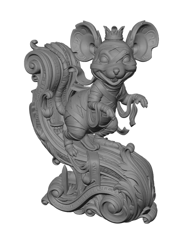 3D model for Transform a cheerful mummy mouse exploring an ancient Egyptian tomb into a hyper-realistic wooden carved Rococo-Art Nouveau caricatural statue merged into a monumental waved scrollwork console-pillar. Bandages, sarcophagus, hieroglyphs, scarabs, obelisks and moonlit ruins intertwine into ornate Egyptian rocaille scrolls, lotus cartouches and elegant flowing volutes. Wrapped fabric becomes graceful carved ribbons. Material: polished hardwood with intricate anatomical detailing and deep undercuts. Polychrome: weary deep sandstone, ivory, turquoise, lapis blue and antique gold with aged patina.