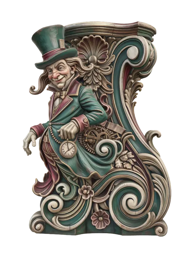 3D model for Transform a cheerful long-eared gentleman with an oversized top hat, pocket watch, ornate waistcoat and elegant gloves into a hyper-realistic wooden carved Rococo-Art Nouveau caricatural statue merged into a monumental waved scrollwork console-pillar. His smiling face, flowing coat tails, clockwork ornaments, ribbons and curled ears dissolve into elaborate rocaille scrolls, floral cartouches and graceful S-curved volutes. Material: polished hardwood with deep anatomical carving and crisp chisel marks. Polychrome: weary deep turquoise, crimson, antique gold, ivory and aged patina.
