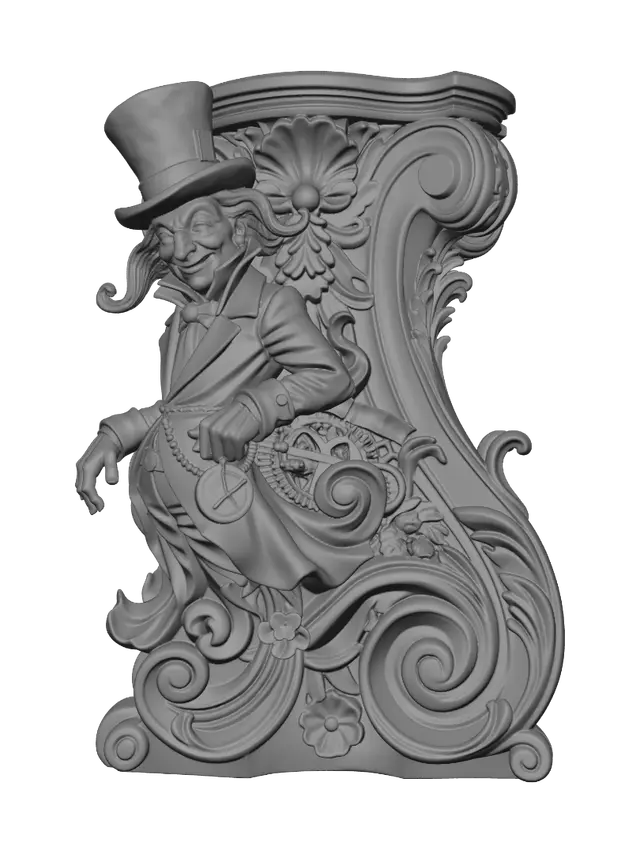 3D model for Transform a cheerful long-eared gentleman with an oversized top hat, pocket watch, ornate waistcoat and elegant gloves into a hyper-realistic wooden carved Rococo-Art Nouveau caricatural statue merged into a monumental waved scrollwork console-pillar. His smiling face, flowing coat tails, clockwork ornaments, ribbons and curled ears dissolve into elaborate rocaille scrolls, floral cartouches and graceful S-curved volutes. Material: polished hardwood with deep anatomical carving and crisp chisel marks. Polychrome: weary deep turquoise, crimson, antique gold, ivory and aged patina.