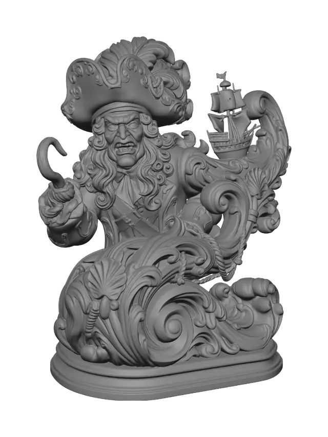 3D model for Transform a menacing pirate captain with extravagant hat, hooked hand, flowing curls and sinister grin into a hyper-realistic wooden carved Rococo-Art Nouveau caricatural statue merged into a monumental waved scrollwork console-pillar. The hook, feathered hat, coat and ghostly pirate ship evolve into swirling ocean rocaille, seashell cartouches, ropes, waves and dramatic volutes. Material: polished hardwood with fine anatomical detailing and deep carving. Polychrome: weary deep crimson, midnight blue, ebony, antique gold and weathered patina.