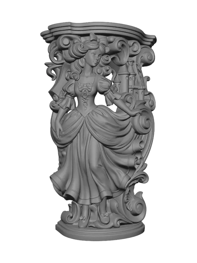 3D model for Transform a charming fairytale maiden with curled hair, ribbon, elegant dress and ruby shoes into a hyper-realistic wooden carved Rococo-Art Nouveau caricatural statue merged into a monumental waved scrollwork console-pillar. Flowing skirts, ribbons and countryside flowers dissolve into ornate rocaille scrolls, castle-inspired cartouches and graceful botanical volutes. Material: polished hardwood with refined anatomical detailing. Polychrome: weary deep sky blue, ruby red, ivory, emerald and richly aged patina.