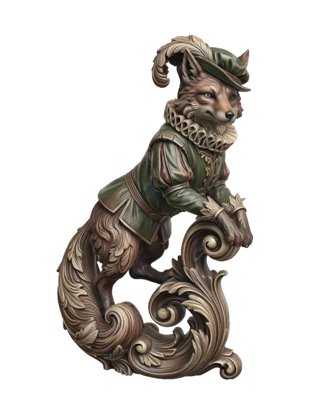 3D model for Transform a sly anthropomorphic fox in Renaissance attire into a hyper-realistic wooden carved Rococo-Art Nouveau caricatural statue merged into a monumental waved scrollwork console-pillar. Ruff collar, feathered cap, expressive paws and curled tail become elegant acanthus scrolls, woodland cartouches and flowing botanical volutes. Material: polished hardwood with crisp anatomical detailing. Polychrome: weary deep forest green, russet, antique gold and richly aged patina.
