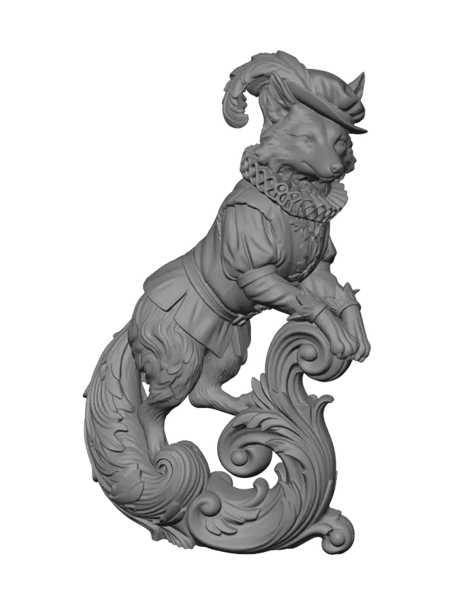 3D model for Transform a sly anthropomorphic fox in Renaissance attire into a hyper-realistic wooden carved Rococo-Art Nouveau caricatural statue merged into a monumental waved scrollwork console-pillar. Ruff collar, feathered cap, expressive paws and curled tail become elegant acanthus scrolls, woodland cartouches and flowing botanical volutes. Material: polished hardwood with crisp anatomical detailing. Polychrome: weary deep forest green, russet, antique gold and richly aged patina.