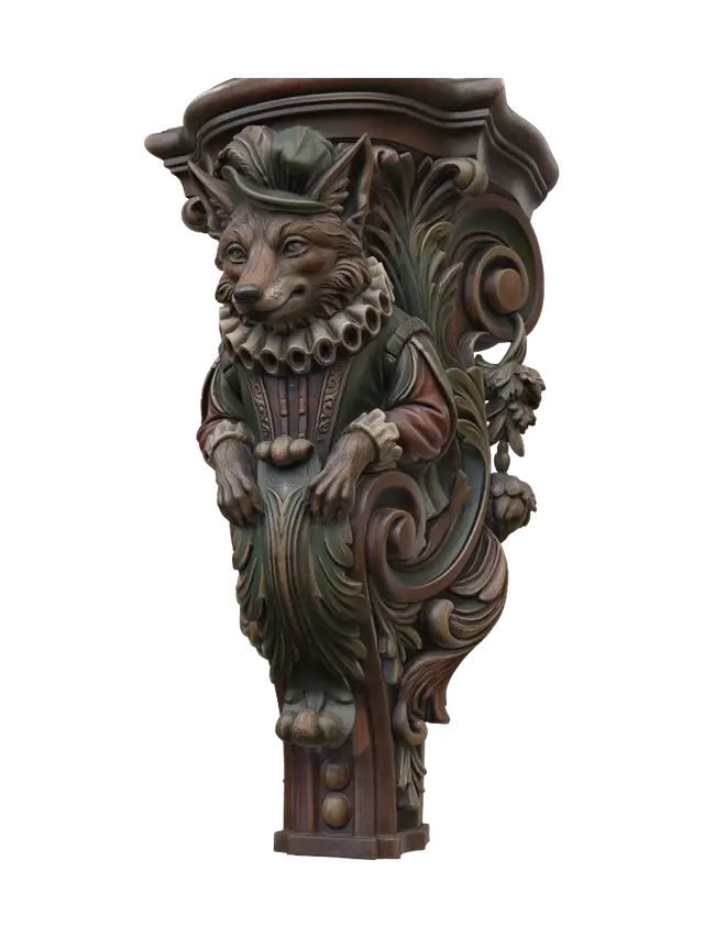 3D model for Transform a sly anthropomorphic fox in Renaissance attire into a hyper-realistic wooden carved Rococo-Art Nouveau caricatural statue merged into a monumental waved scrollwork console-pillar. Ruff collar, feathered cap, expressive paws and curled tail become elegant acanthus scrolls, woodland cartouches and flowing botanical volutes. Material: polished hardwood with crisp anatomical detailing. Polychrome: weary deep forest green, russet, antique gold and richly aged patina.
