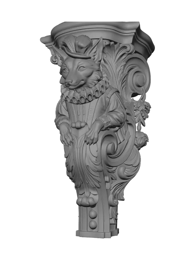 3D model for Transform a sly anthropomorphic fox in Renaissance attire into a hyper-realistic wooden carved Rococo-Art Nouveau caricatural statue merged into a monumental waved scrollwork console-pillar. Ruff collar, feathered cap, expressive paws and curled tail become elegant acanthus scrolls, woodland cartouches and flowing botanical volutes. Material: polished hardwood with crisp anatomical detailing. Polychrome: weary deep forest green, russet, antique gold and richly aged patina.