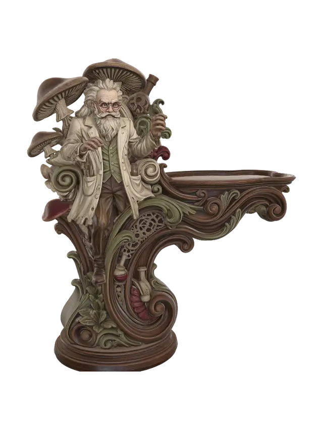 Transform an eccentric elderly scientist standing beside giant mushrooms into a… 3D model, vytvořený pomocí AI