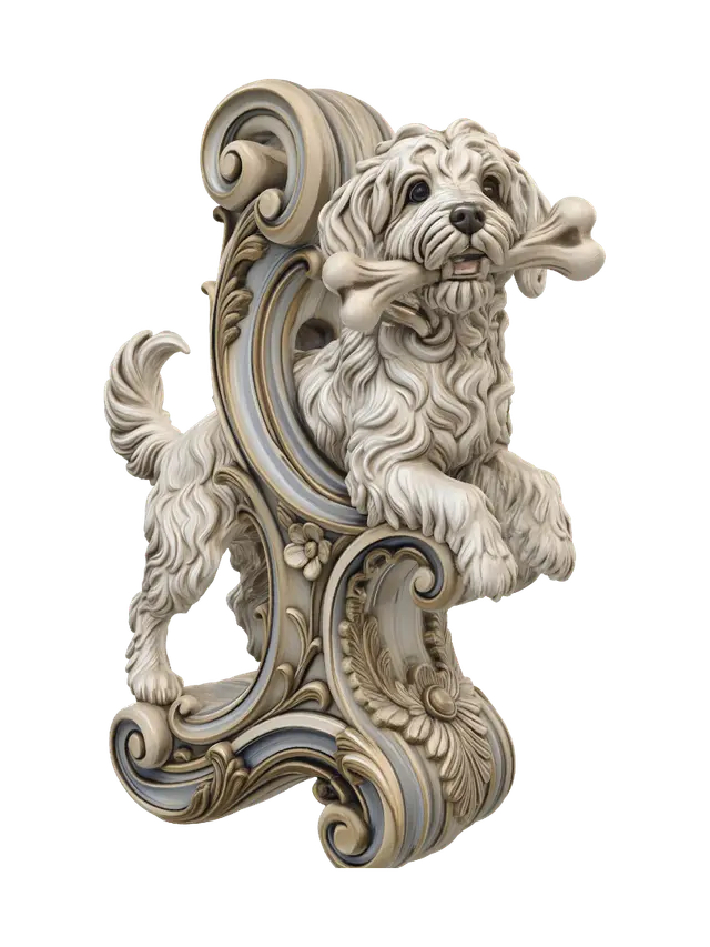 Transform a spirited little white terrier carrying a large bone into a… 3D model, vytvořený pomocí AI