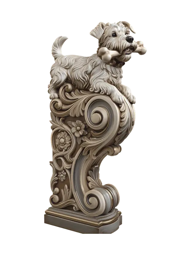 Transform a spirited little white terrier carrying a large bone into a… 3D model, vytvořený pomocí AI