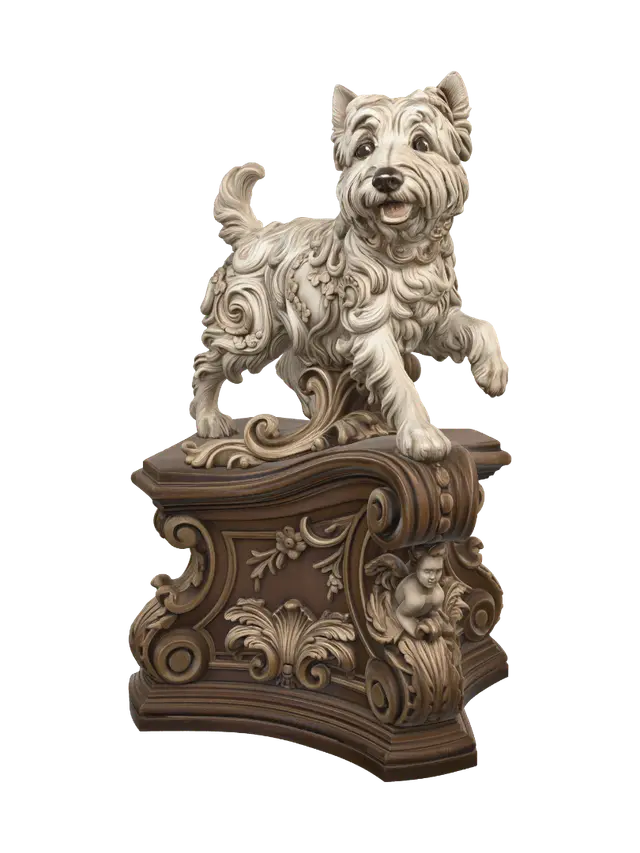 Transform the cheerful little white terrier trotting alongside its companions into… 3D model, vytvořený pomocí AI