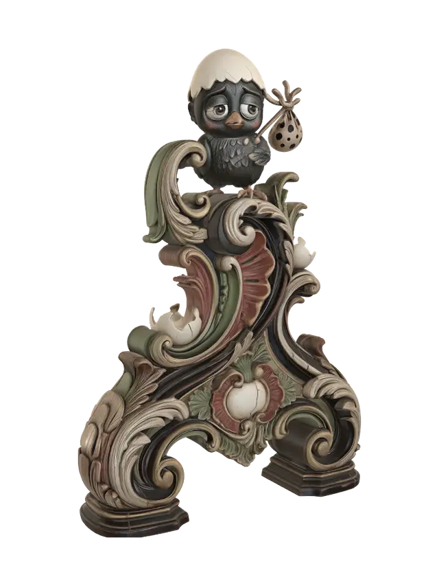 3D model for Transform a tiny black chick wearing a cracked eggshell hat and carrying a spotted travel bundle into a hyper-realistic wooden carved Rococo-Art Nouveau caricatural statue merged into a monumental waved scrollwork console-pillar. Feathers, eggshell and bindle transform into flowing rocaille volutes, feathers, cracked shell motifs and whimsical cartouches. Material: polished hardwood with fine anatomical detailing. Polychrome: weary ebony, ivory, scarlet, moss green and antique gold with richly aged patina