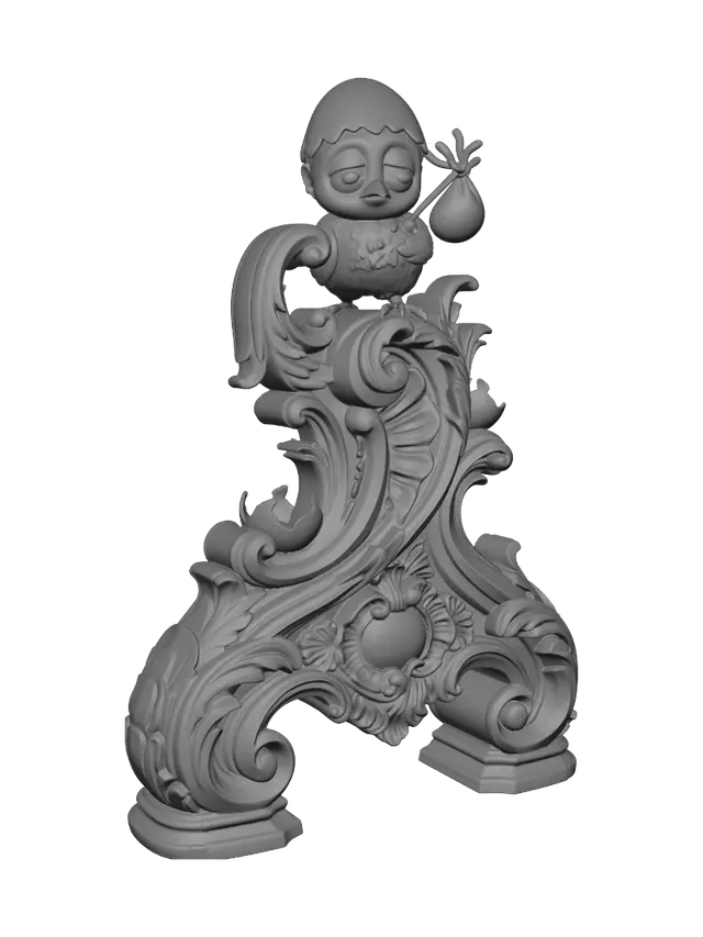 3D model for Transform a tiny black chick wearing a cracked eggshell hat and carrying a spotted travel bundle into a hyper-realistic wooden carved Rococo-Art Nouveau caricatural statue merged into a monumental waved scrollwork console-pillar. Feathers, eggshell and bindle transform into flowing rocaille volutes, feathers, cracked shell motifs and whimsical cartouches. Material: polished hardwood with fine anatomical detailing. Polychrome: weary ebony, ivory, scarlet, moss green and antique gold with richly aged patina