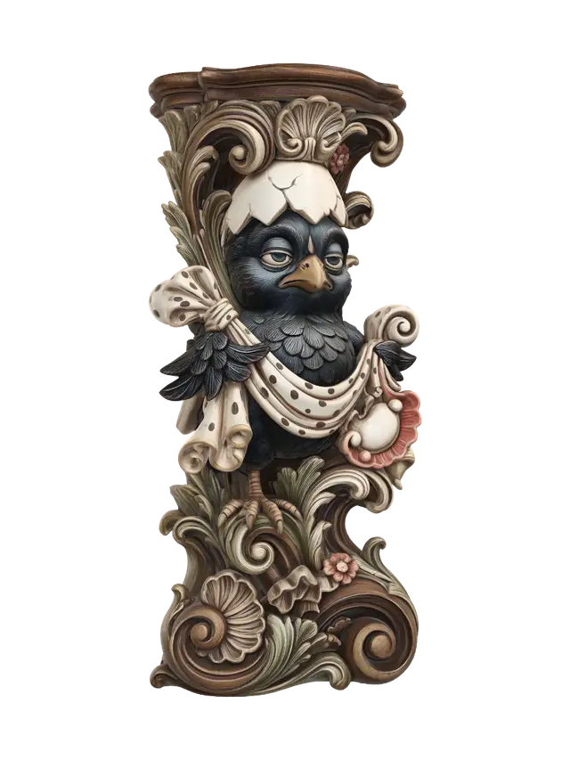 3D model for Transform a tiny black chick wearing a cracked eggshell hat and carrying a spotted travel bundle into a hyper-realistic wooden carved Rococo-Art Nouveau caricatural statue merged into a monumental waved scrollwork console-pillar. Feathers, eggshell and bindle transform into flowing rocaille volutes, feathers, cracked shell motifs and whimsical cartouches. Material: polished hardwood with fine anatomical detailing. Polychrome: weary ebony, ivory, scarlet, moss green and antique gold with richly aged patina