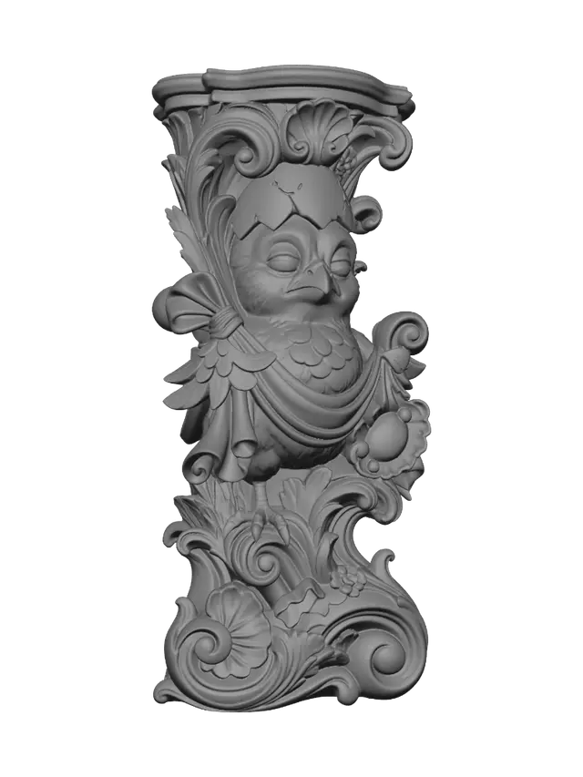 3D model for Transform a tiny black chick wearing a cracked eggshell hat and carrying a spotted travel bundle into a hyper-realistic wooden carved Rococo-Art Nouveau caricatural statue merged into a monumental waved scrollwork console-pillar. Feathers, eggshell and bindle transform into flowing rocaille volutes, feathers, cracked shell motifs and whimsical cartouches. Material: polished hardwood with fine anatomical detailing. Polychrome: weary ebony, ivory, scarlet, moss green and antique gold with richly aged patina