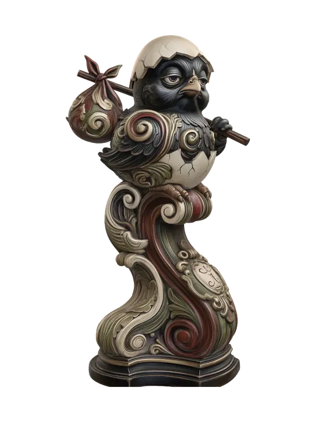 3D model for Transform a tiny black chick wearing a cracked eggshell hat and carrying a spotted travel bundle into a hyper-realistic wooden carved Rococo-Art Nouveau caricatural statue merged into a monumental waved scrollwork console-pillar. Feathers, eggshell and bindle transform into flowing rocaille volutes, feathers, cracked shell motifs and whimsical cartouches. Material: polished hardwood with fine anatomical detailing. Polychrome: weary ebony, ivory, scarlet, moss green and antique gold with richly aged patina