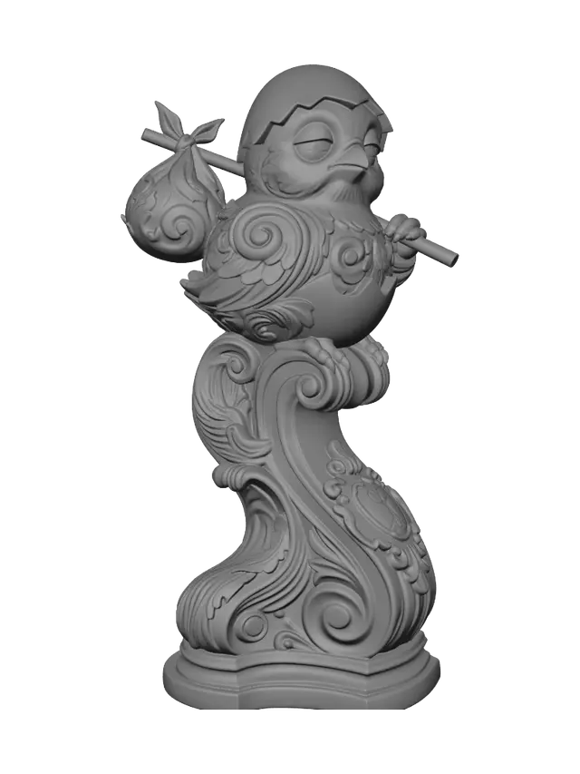 3D model for Transform a tiny black chick wearing a cracked eggshell hat and carrying a spotted travel bundle into a hyper-realistic wooden carved Rococo-Art Nouveau caricatural statue merged into a monumental waved scrollwork console-pillar. Feathers, eggshell and bindle transform into flowing rocaille volutes, feathers, cracked shell motifs and whimsical cartouches. Material: polished hardwood with fine anatomical detailing. Polychrome: weary ebony, ivory, scarlet, moss green and antique gold with richly aged patina