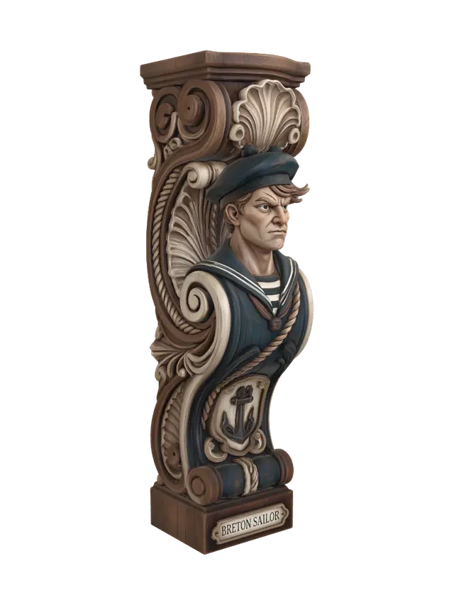 3D model for Transform a determined young Breton sailor with beret, sailor shirt and confident stride into a hyper-realistic wooden carved Rococo-Art Nouveau caricatural statue merged into a monumental waved scrollwork console-pillar. Flowing clothes, windswept pose and youthful energy become elegant shell motifs, rope scrolls and maritime cartouches. Material: polished hardwood with fine anatomical detailing. Polychrome: weary deep blue, ivory, warm brown and aged patina.
