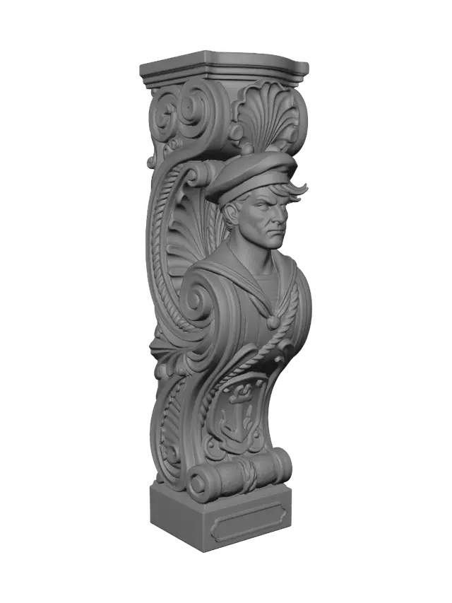 3D model for Transform a determined young Breton sailor with beret, sailor shirt and confident stride into a hyper-realistic wooden carved Rococo-Art Nouveau caricatural statue merged into a monumental waved scrollwork console-pillar. Flowing clothes, windswept pose and youthful energy become elegant shell motifs, rope scrolls and maritime cartouches. Material: polished hardwood with fine anatomical detailing. Polychrome: weary deep blue, ivory, warm brown and aged patina.
