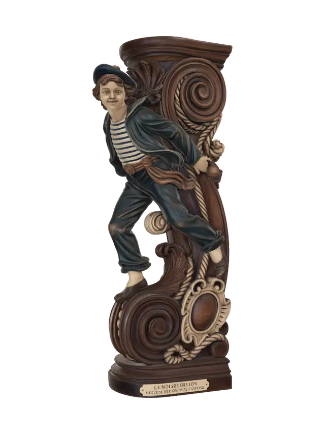 3D model for Transform a determined young Breton sailor with beret, sailor shirt and confident stride into a hyper-realistic wooden carved Rococo-Art Nouveau caricatural statue merged into a monumental waved scrollwork console-pillar. Flowing clothes, windswept pose and youthful energy become elegant shell motifs, rope scrolls and maritime cartouches. Material: polished hardwood with fine anatomical detailing. Polychrome: weary deep blue, ivory, warm brown and aged patina.