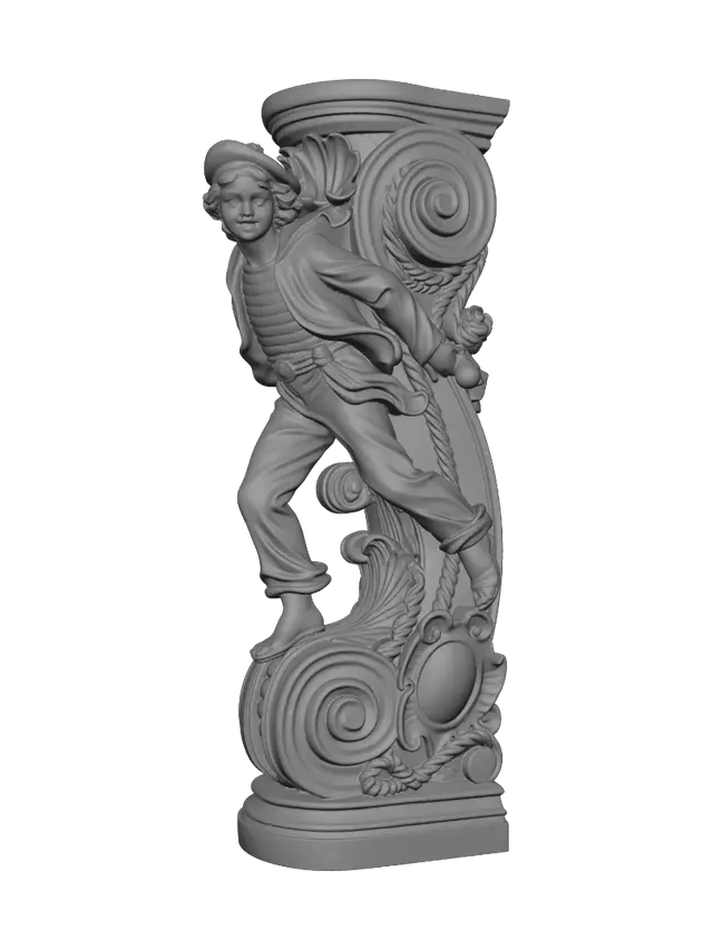 3D model for Transform a determined young Breton sailor with beret, sailor shirt and confident stride into a hyper-realistic wooden carved Rococo-Art Nouveau caricatural statue merged into a monumental waved scrollwork console-pillar. Flowing clothes, windswept pose and youthful energy become elegant shell motifs, rope scrolls and maritime cartouches. Material: polished hardwood with fine anatomical detailing. Polychrome: weary deep blue, ivory, warm brown and aged patina.