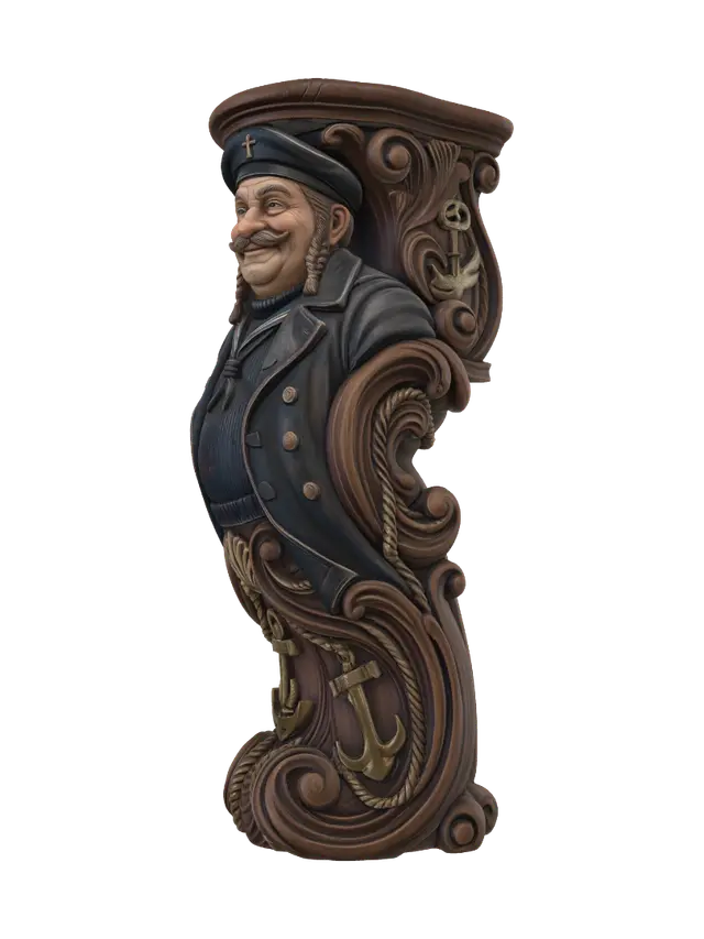 3D model for Transform a jovial heavyset sea captain with braided mustache, sailor sweater, long coat and beret into a hyper-realistic wooden carved Rococo-Art Nouveau caricatural statue merged into a monumental waved scrollwork console-pillar. Billowing coat, anchor emblem and maritime attire dissolve into shell cartouches, ropes, waves and flowing rocaille volutes. Material: polished hardwood with fine anatomical detailing. Polychrome: weary deep navy, black, weathered brown, brass and richly aged patina.