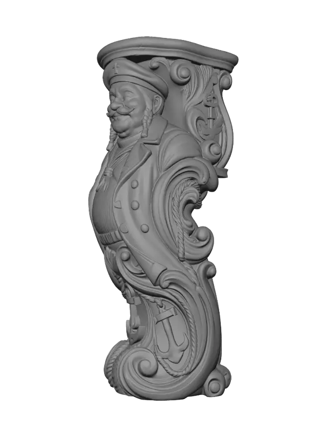 3D model for Transform a jovial heavyset sea captain with braided mustache, sailor sweater, long coat and beret into a hyper-realistic wooden carved Rococo-Art Nouveau caricatural statue merged into a monumental waved scrollwork console-pillar. Billowing coat, anchor emblem and maritime attire dissolve into shell cartouches, ropes, waves and flowing rocaille volutes. Material: polished hardwood with fine anatomical detailing. Polychrome: weary deep navy, black, weathered brown, brass and richly aged patina.
