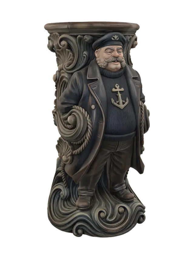 3D model for Transform a jovial heavyset sea captain with braided mustache, sailor sweater, long coat and beret into a hyper-realistic wooden carved Rococo-Art Nouveau caricatural statue merged into a monumental waved scrollwork console-pillar. Billowing coat, anchor emblem and maritime attire dissolve into shell cartouches, ropes, waves and flowing rocaille volutes. Material: polished hardwood with fine anatomical detailing. Polychrome: weary deep navy, black, weathered brown, brass and richly aged patina.