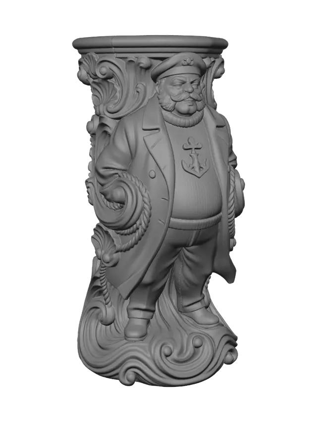 3D model for Transform a jovial heavyset sea captain with braided mustache, sailor sweater, long coat and beret into a hyper-realistic wooden carved Rococo-Art Nouveau caricatural statue merged into a monumental waved scrollwork console-pillar. Billowing coat, anchor emblem and maritime attire dissolve into shell cartouches, ropes, waves and flowing rocaille volutes. Material: polished hardwood with fine anatomical detailing. Polychrome: weary deep navy, black, weathered brown, brass and richly aged patina.