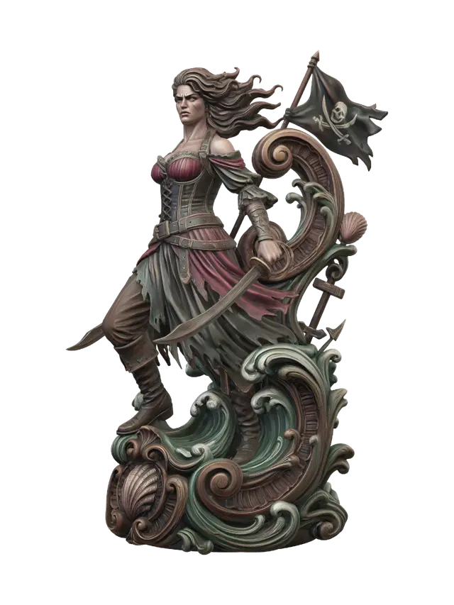 3D model for Transform a fierce pirate queen wielding twin cutlasses into a hyper-realistic wooden carved Rococo-Art Nouveau caricatural statue merged into a monumental waved scrollwork console-pillar. Windswept hair, corset, torn skirts, belts, pirate flag, ropes and crashing waves dissolve into ornate rocaille cartouches, seashells, anchors and flowing volutes. Material: polished hardwood with fine anatomical detailing, deep undercuts and crisp chisel work. Polychrome: weary deep crimson, ebony, weathered bronze, sea green and richly aged patina.