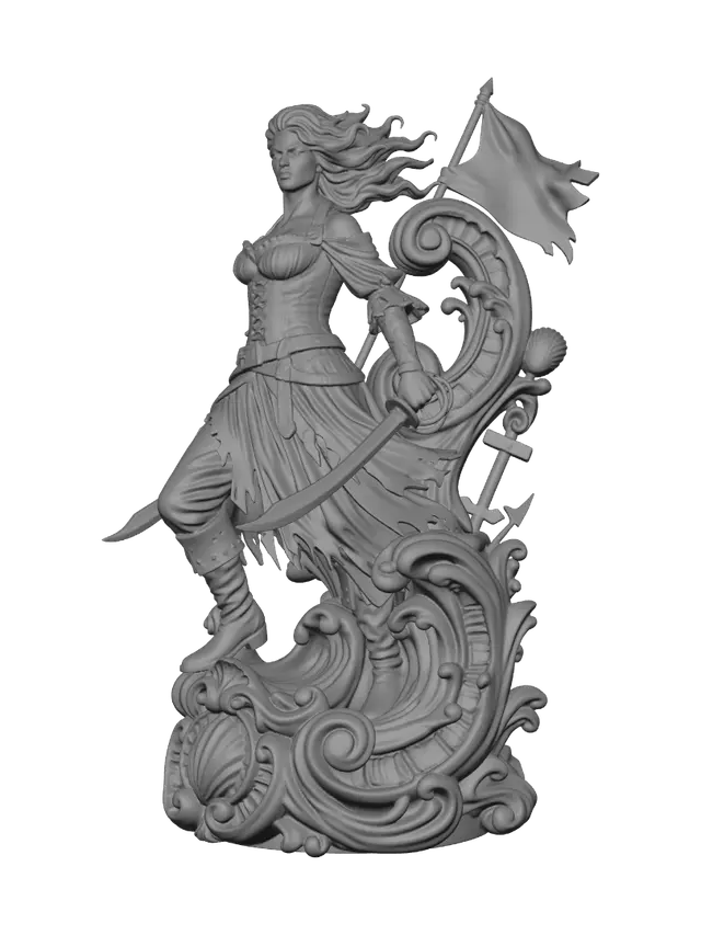 3D model for Transform a fierce pirate queen wielding twin cutlasses into a hyper-realistic wooden carved Rococo-Art Nouveau caricatural statue merged into a monumental waved scrollwork console-pillar. Windswept hair, corset, torn skirts, belts, pirate flag, ropes and crashing waves dissolve into ornate rocaille cartouches, seashells, anchors and flowing volutes. Material: polished hardwood with fine anatomical detailing, deep undercuts and crisp chisel work. Polychrome: weary deep crimson, ebony, weathered bronze, sea green and richly aged patina.