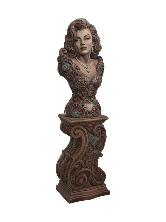 3D model for Transform a glamorous vintage film star adorned with sparkling jewelry and an elegant evening gown into a hyper-realistic wooden carved Rococo-Art Nouveau caricatural statue merged into a monumental waved scrollwork console-pillar. Luxurious fabric, jewelry and flowing hair dissolve into floral rocaille scrolls, camera motifs, stars and decorative cartouches. Material: polished hardwood with fine anatomical detailing. Polychrome: weary charcoal, silver, ruby, turquoise highlights, warm ivory and richly aged patina.