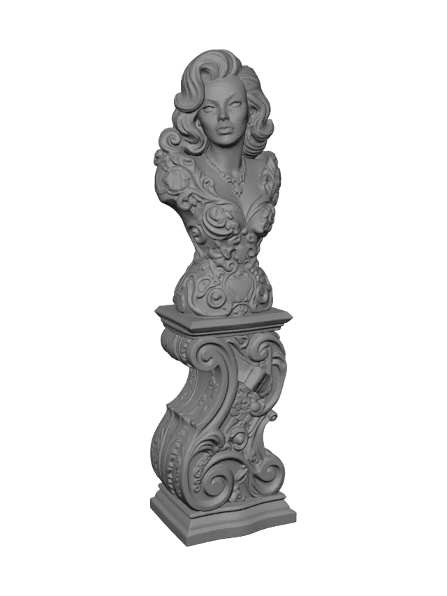 3D model for Transform a glamorous vintage film star adorned with sparkling jewelry and an elegant evening gown into a hyper-realistic wooden carved Rococo-Art Nouveau caricatural statue merged into a monumental waved scrollwork console-pillar. Luxurious fabric, jewelry and flowing hair dissolve into floral rocaille scrolls, camera motifs, stars and decorative cartouches. Material: polished hardwood with fine anatomical detailing. Polychrome: weary charcoal, silver, ruby, turquoise highlights, warm ivory and richly aged patina.