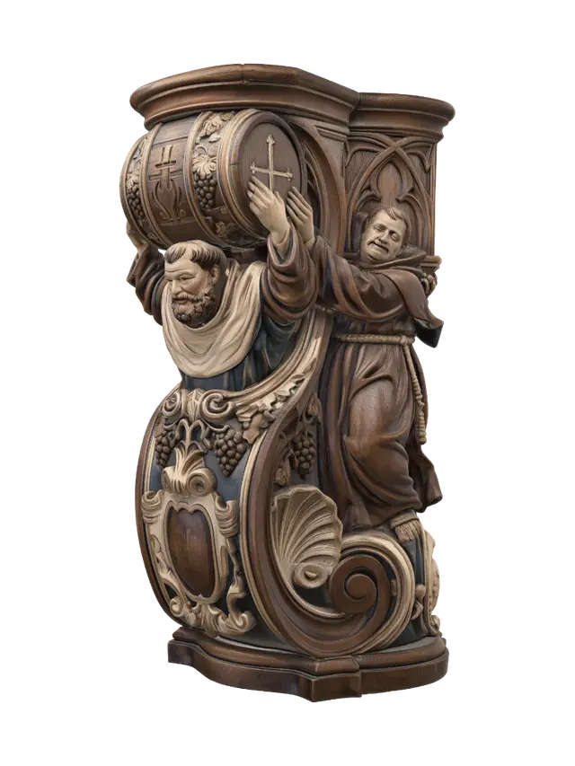 3D model for Transform a stout cheerful friar lifting a heavy barrel into a hyper-realistic wooden carved Rococo-Art Nouveau caricatural statue merged into a monumental waved scrollwork console-pillar. Billowing robes, rope belt, crosses and barrel merge into Gothic tracery, vineyard scrolls, ecclesiastical cartouches and flowing rocaille volutes. Material: polished hardwood with fine anatomical detailing. Polychrome: weary cream, deep blue, walnut brown, antique gold and aged patina.