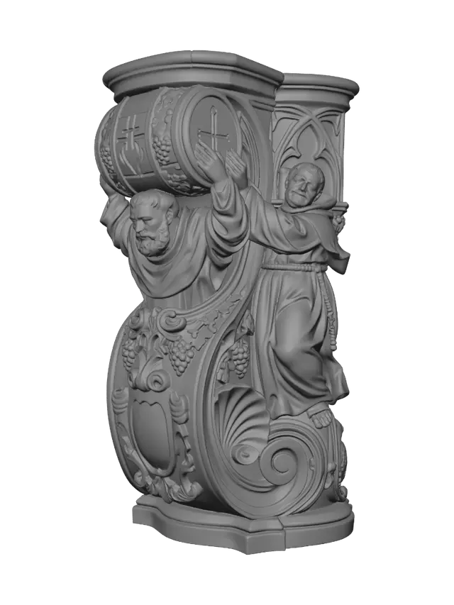 3D model for Transform a stout cheerful friar lifting a heavy barrel into a hyper-realistic wooden carved Rococo-Art Nouveau caricatural statue merged into a monumental waved scrollwork console-pillar. Billowing robes, rope belt, crosses and barrel merge into Gothic tracery, vineyard scrolls, ecclesiastical cartouches and flowing rocaille volutes. Material: polished hardwood with fine anatomical detailing. Polychrome: weary cream, deep blue, walnut brown, antique gold and aged patina.
